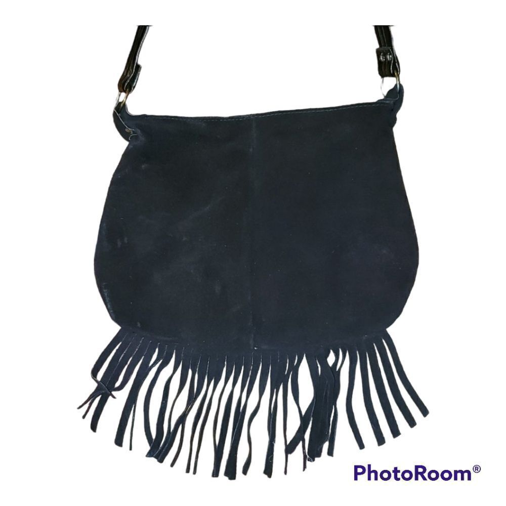 VNTG Black Suede Leather Frilly Fringe Purse